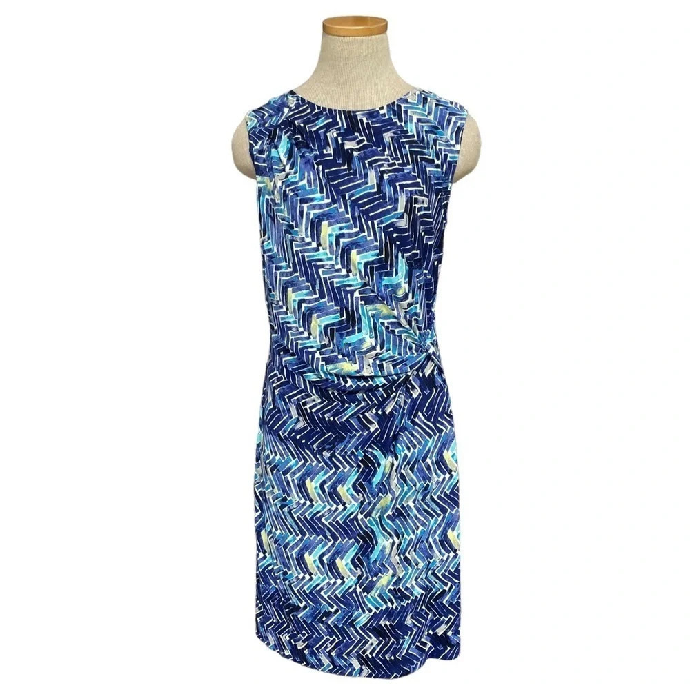 NIC + ZOE Dress Blue Turquoise Yellow Chevron Ruched Size Petite Small PS